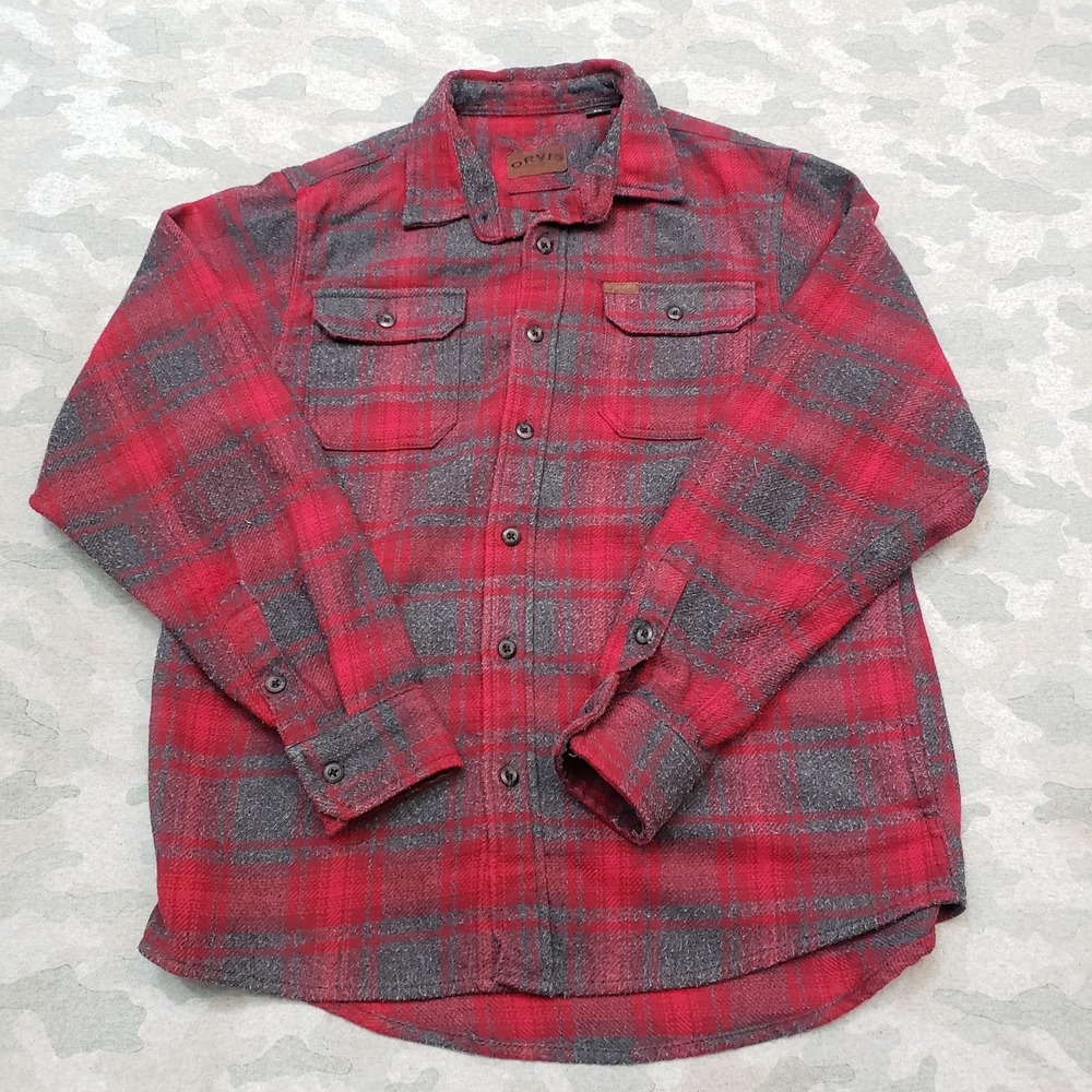 Orvis‎ Shirt Mens Medium Red Flannel Plaid Pockets Long Sleeve Button-Up